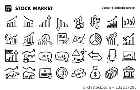 Stock investment, business hand-drawn icon illustration set. EPS version can be edited to change line thickness, etc. Stock investment, business hand-drawn icon illustration set. EPS version can be edited to change line thickness, etc. 132217295