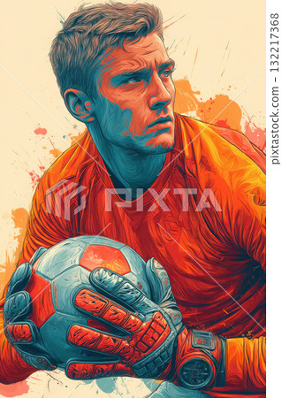 Focused soccer goalkeeper holding ball vibrant orange jersey 132217368