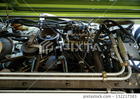 Close-up view of complex industrial machinery and equipment Close-up view of complex industrial machinery and equipment 132217383