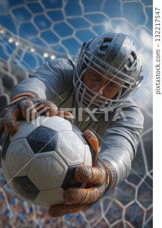Soccer goalkeeper catching ball with focus and determination 132217547