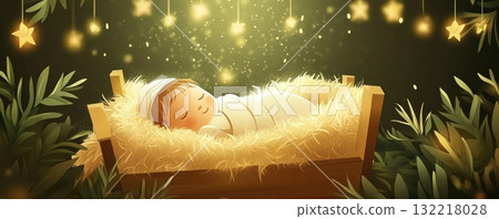 cute peaceful sleeping baby jesus in manger illustration 132218028