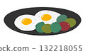 Fried Eggs with brussels sprouts and salad leaves trendy Presentation on black plate Healthy eating 132218055