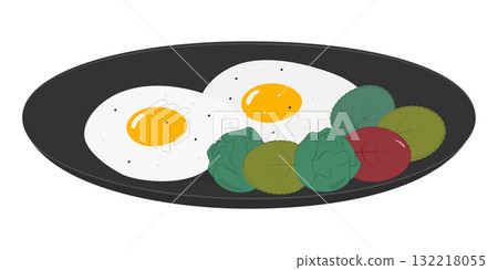 Fried Eggs with brussels sprouts and salad leaves trendy Presentation on black plate Healthy eating 132218055
