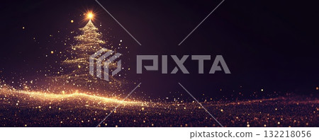 golden glittering shiny christmas tree on purlpe background banner illustration 132218056