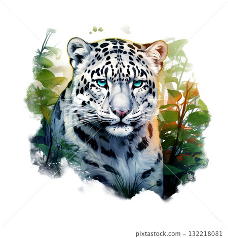 Beautiful snow leopard with piercing blue eyes framed by soft jungle foliage, created in a gentle, atmospheric digital watercolor style. 132218081