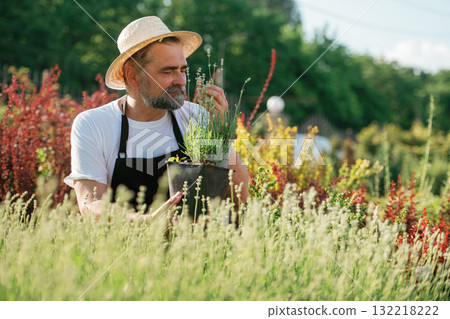 Enjoying the job. Senior gardener is at work at daytime Enjoying the job. Senior gardener is at work at daytime 132218222