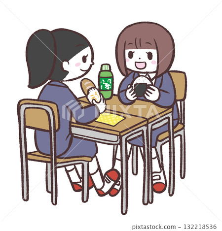 女孩們在學校教室裡吃午餐的插圖 132218536