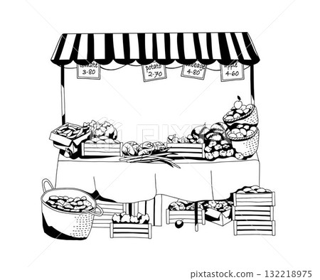 Market stall is filled with organic vegetables and fruits. Hand drawn outline black and white vector illustration Market stall is filled with organic vegetables and fruits. Hand drawn outline black and white vector illustration 132218975