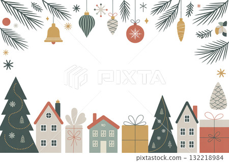 斯堪的納維亞風格的聖誕框架背景：白色背景被松枝和裝飾包圍 132218984