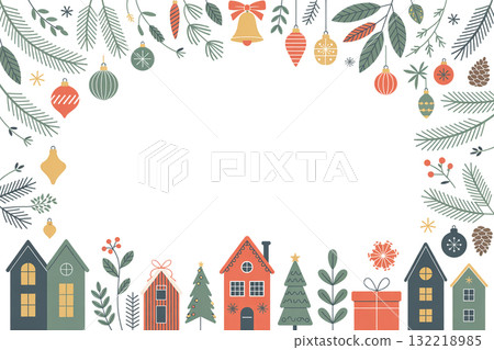 斯堪的納維亞風格的聖誕框架背景：白色背景被松枝和裝飾包圍 132218985