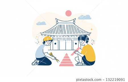 A craftsman repairing the roof of the shrine, and maintenance work being carried out behind the shrine 132219091