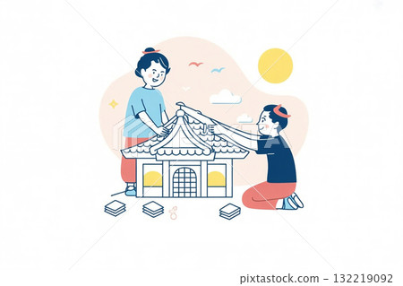 工匠正在修繕神社的屋頂，神社後方正在進行維修工作 132219092