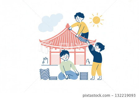 工匠正在修繕神社的屋頂，神社後方正在進行維修工作 132219093