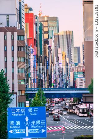 Tokyo cityscape, Japan, October 17th. View of Ginza, Tokyo, and the redevelopment of Nihonbashi 1-chome (top back of the screen). Tokyo cityscape, Japan, October 17th. View of Ginza, Tokyo, and the redevelopment of Nihonbashi 1-chome (top back of the screen). 132219183