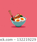 Delicious ramen bowl with fresh ingredients and chopsticks on bright background 132219229