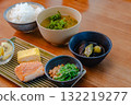 日式早餐，包括烤鮭魚、玉子燒（蛋捲）、味噌湯和納豆 132219277