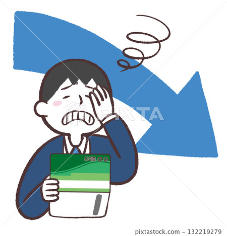 Illustration of a man looking disappointed at his bankbook 132219279