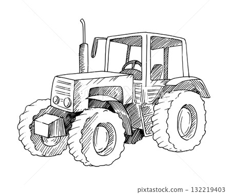 Tractor. Vector ink styled handmade illustration. For packaging design, cards, cover, prints, product labels and fabric. 132219403