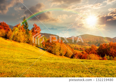 mountain landscape in autumn at sunset. beautiful view with trees in colorful foliage. picturesque rural place in alps in evening light. countryside scenery mountain landscape in autumn at sunset. beautiful view with trees in colorful foliage. picturesque rural place in alps in evening light. countryside scenery 132219480