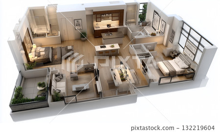 3D floor plan of a family home. Bird's-eye view. Living room, dining room, kitchen. 132219604