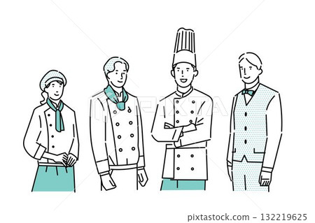 餐廳廚師、主廚、糕點師、服務生製服-服裝-團隊插畫素材 132219625