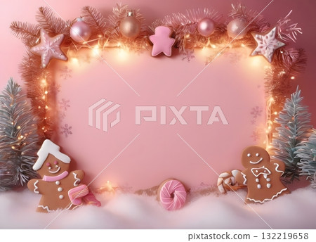 Pastel Pink Christmas Border with Snowy Pines and Rose-Gold Ornaments, gingerbread cookies,postcard 132219658