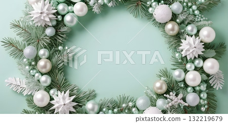 Mint Green and White Christmas Wreath Frame with Frosted Pine and Pearls postcard, banners New Year Mint Green and White Christmas Wreath Frame with Frosted Pine and Pearls postcard, banners New Year 132219679