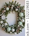 Mint Green and White Christmas Wreath Frame with Frosted Pine and Pearls postcard, banners New Year 132219683