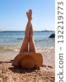A woman in a wide sun hat lies on the sand overlooking the sea with her legs raised to the sky, enjoying the sun's rays 132219773