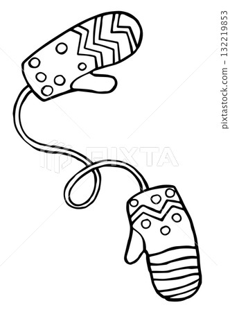 Coloring page. A pair of wool mittens. A cute doodle illustration. Coloring page. A pair of wool mittens. A cute doodle illustration. 132219853