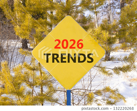 2026 Trends new year symbol. Concept words 2026 Trends on beautiful yellow road sign. Beautiful winter forest background. Business and 2026 Trends new year concept. Copy space. 132220268