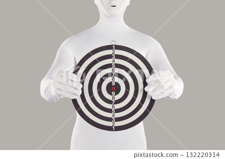 Anonymous person in white bodysuit costume holding shooting target board in hands 132220314