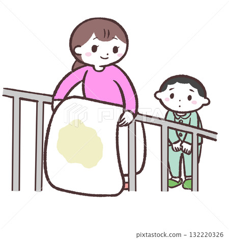 一名婦女和一名兒童正在烘乾尿床的被褥的插圖 132220326
