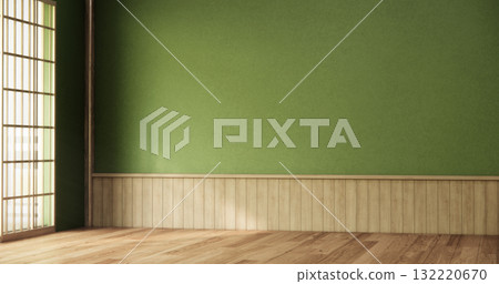 Green dark wall empty room, Modern japanese wood floor, room japanese traditional style. 3D rendering 132220670