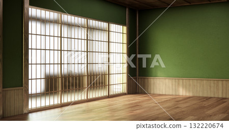 Green dark wall empty room, Modern japanese wood floor, room japanese traditional style. 3D rendering 132220674