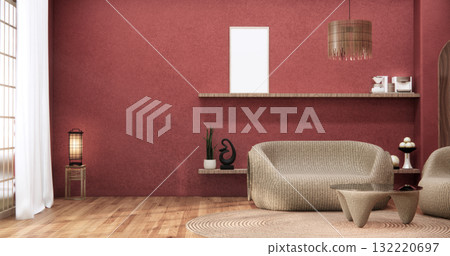 Viva magenta Living room with red wall and armchair japandi style.3D rendering 132220697