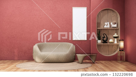 Viva magenta Living room with red wall and armchair japandi style.3D rendering 132220698