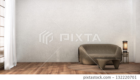 Livingroom with Armchair sofa and table decoration on wabi sabi style. 3D illustration rendering 132220701