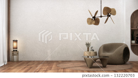Livingroom with Armchair sofa and table decoration on wabi sabi style. 3D illustration rendering Livingroom with Armchair sofa and table decoration on wabi sabi style. 3D illustration rendering 132220703