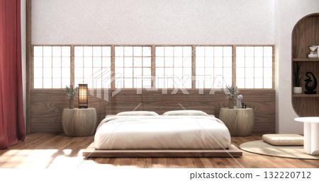 Viva magenta color bedroom japandi design on minimal muji room interior. 3D rendering Viva magenta color bedroom japandi design on minimal muji room interior. 3D rendering 132220712