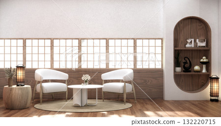Livingroom with Armchair sofa and table decoration on wabi sabi style. 3D illustration rendering 132220715