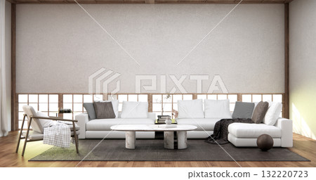 Livingroom with Armchair sofa and table decoration on wabi sabi style. 3D illustration rendering Livingroom with Armchair sofa and table decoration on wabi sabi style. 3D illustration rendering 132220723