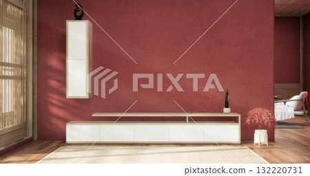 Cabinet on red room wooden interior wabisabi and decoration japanese style.3D rendering 132220731