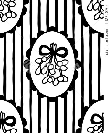 Retro style Christmas seamless pattern. Doodle illustration, striped print with ornate frames. 132220762