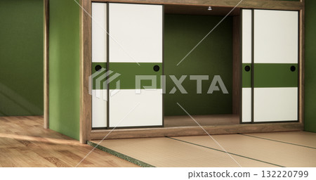 Green dark wall empty room, Modern japanese tatami mat floor, room japanese traditional style. 3D rendering Green dark wall empty room, Modern japanese tatami mat floor, room japanese traditional style. 3D rendering 132220799