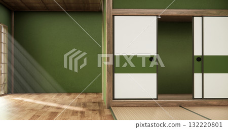 Green dark wall empty room, Modern japanese tatami mat floor, room japanese traditional style. 3D rendering Green dark wall empty room, Modern japanese tatami mat floor, room japanese traditional style. 3D rendering 132220801