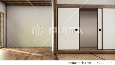 Interior, Empty room with door paper and tatami mat floor room modern style. 3D rendering Interior, Empty room with door paper and tatami mat floor room modern style. 3D rendering 132220802