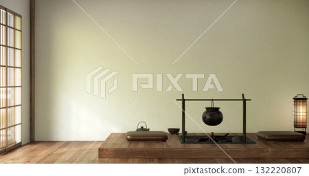 Window wall design on Japanese room with a fire pit in the middle of the room. 3D rendering 132220807