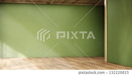 Green dark wall empty room, Modern japanese wood floor, room japanese traditional style. 3D rendering 132220815