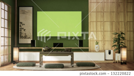 Cabinet on green room wooden interior wabisabi and decoration japanese style.3D rendering Cabinet on green room wooden interior wabisabi and decoration japanese style.3D rendering 132220822